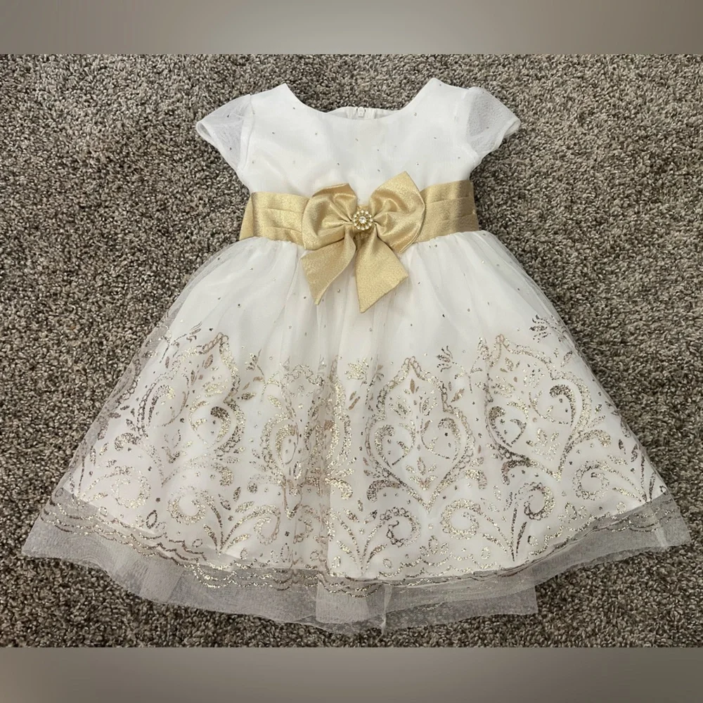 Toddler Girl’s Rare Editions White & Gold Glitter Christmas Holiday Dress Sz 2T